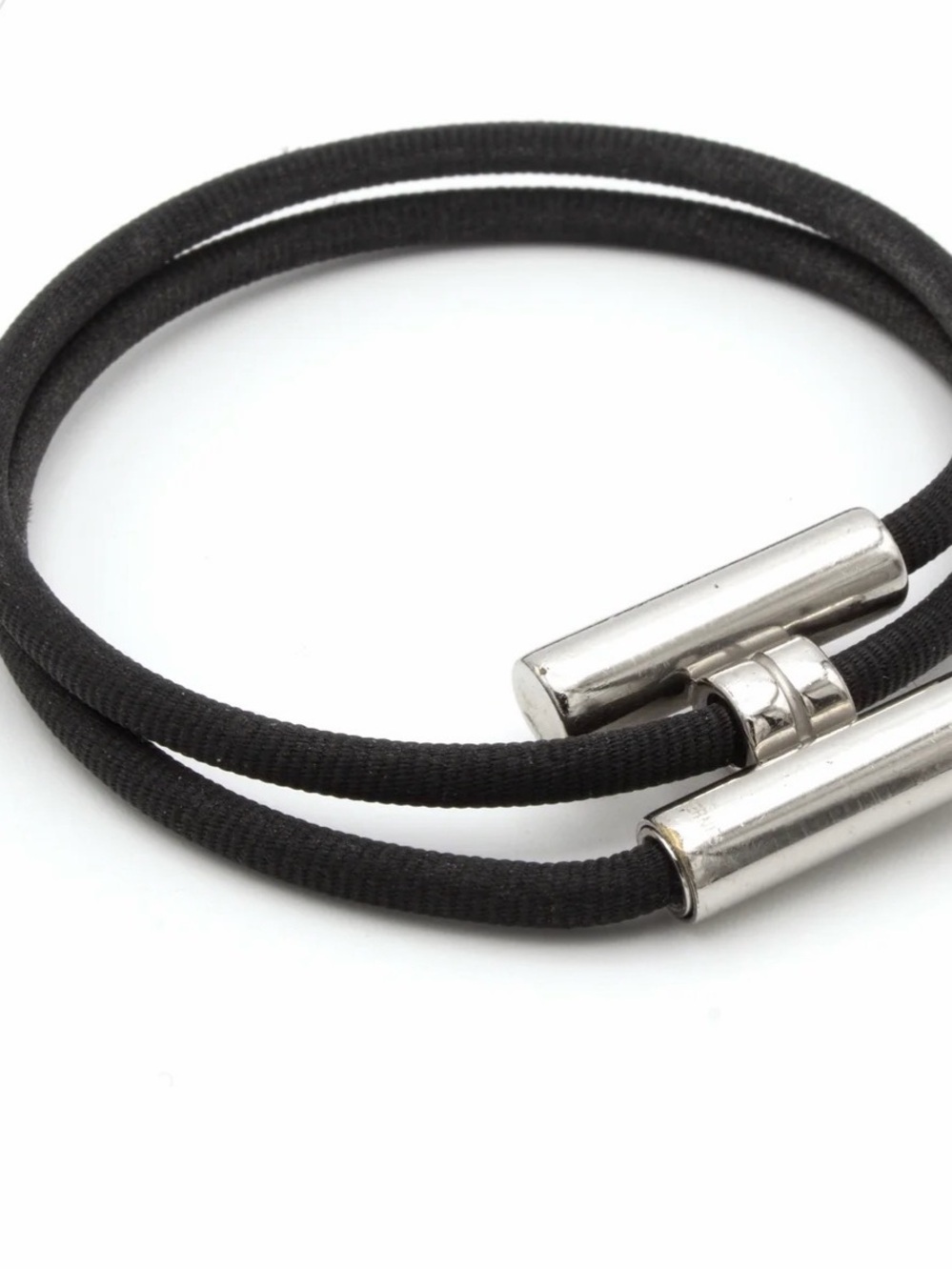 Hermes Black Double Cord Bracelet with Silver-Tone Cylindrical Clasp